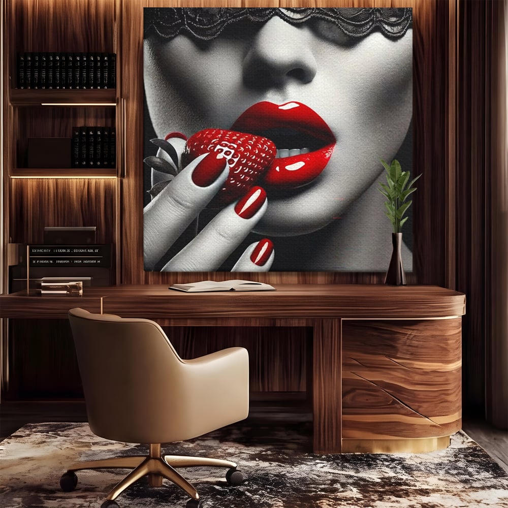 Tablou canvas cu tablou canvas cu buze rosii si capsuna, fara rama, pe sasiu de lemn, pe perete intr-un birou